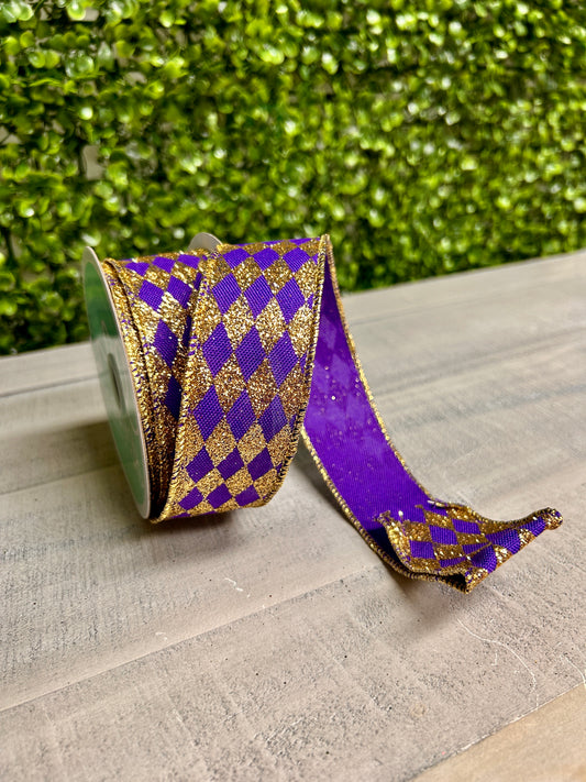 1.5 Inch By 10 Yard Purple And Gold Glitter Harlequin Ribbon