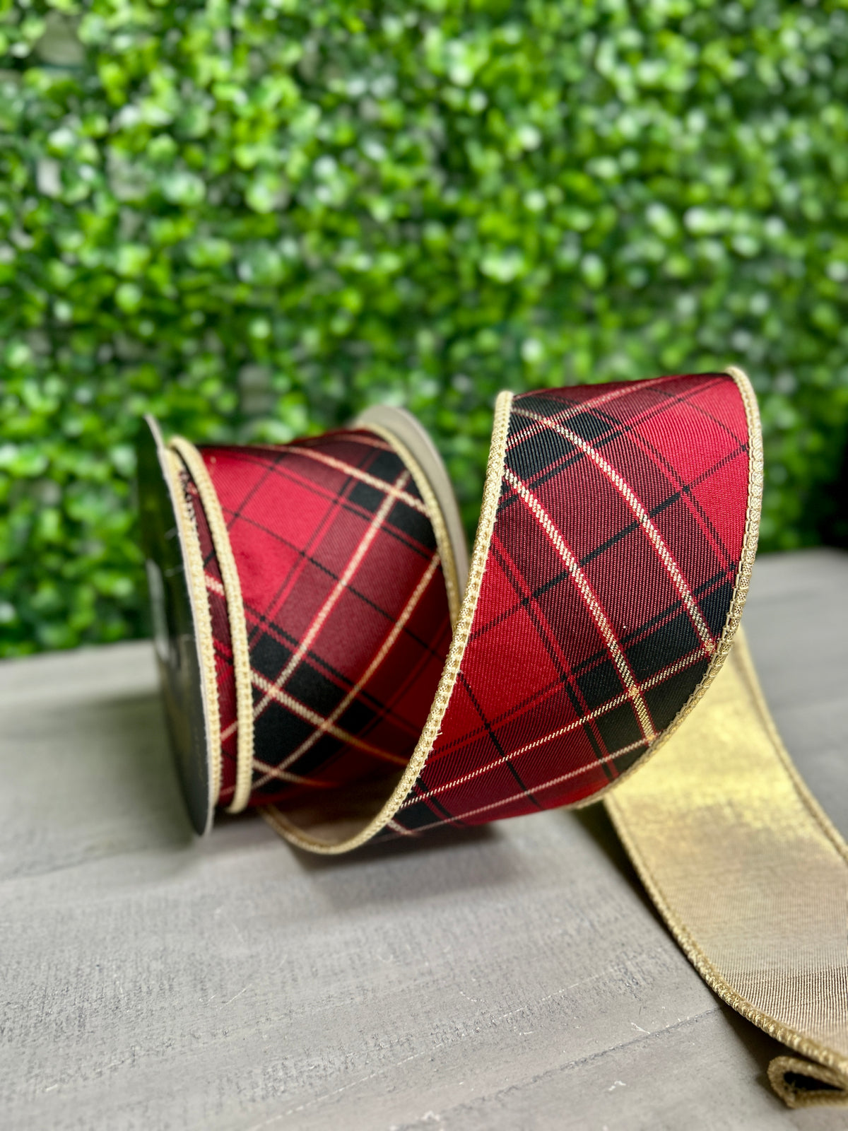 John Mark 2.5 Inch By 10 Yard Burgundy Plaid Fused Metallic Gold Backing Ribbon