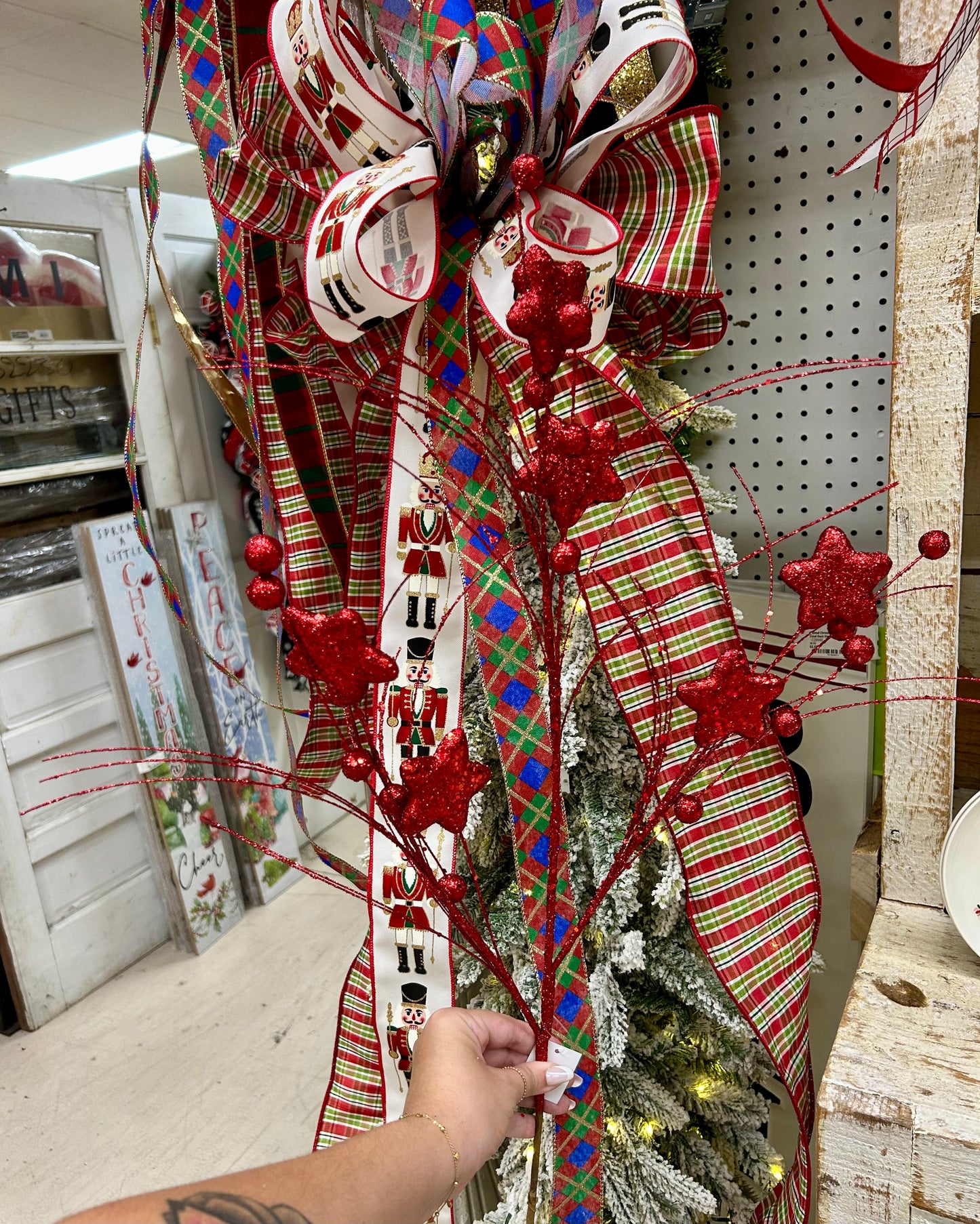 34 Inch Red Glitter Star Berry Pine Spray