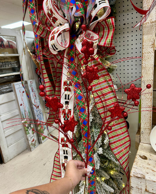 34 Inch Red Glitter Star Berry Pine Spray