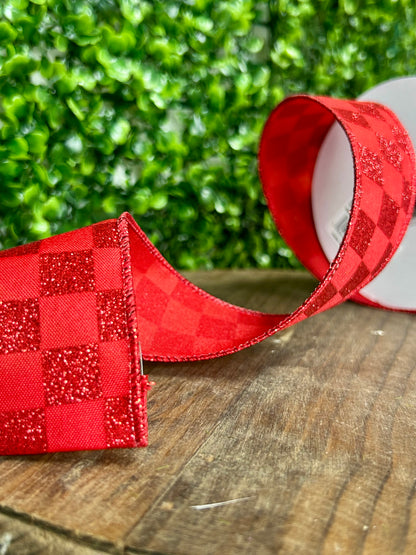 1.5 Inch By 10 Yard Red Glitter Check Ribbon