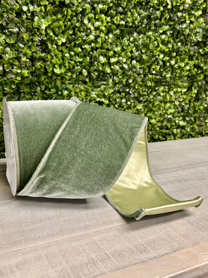 4 Inch By 10 Yard Sage Green Deluxe Velvet With Satin Backing Ribbon