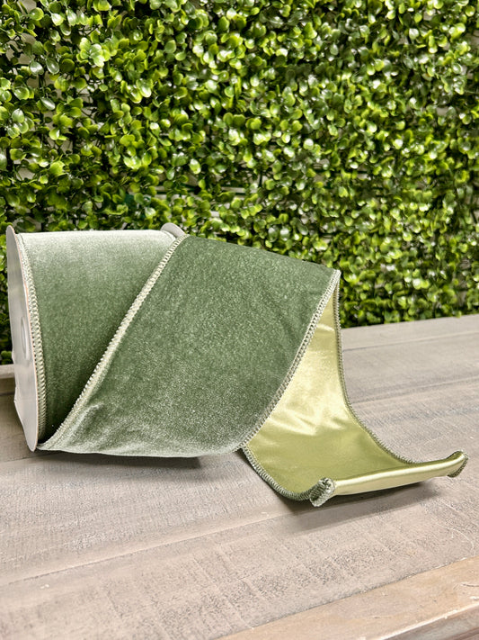 4 Inch By 10 Yard Sage Green Deluxe Velvet With Satin Backing Ribbon