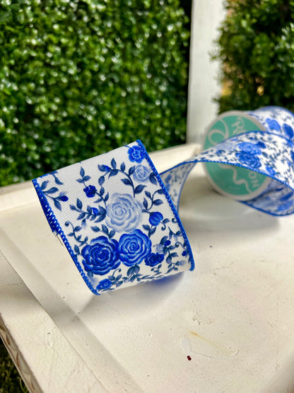 2.5 Inch By 10 Yard Blue Mini Roses Ribbon