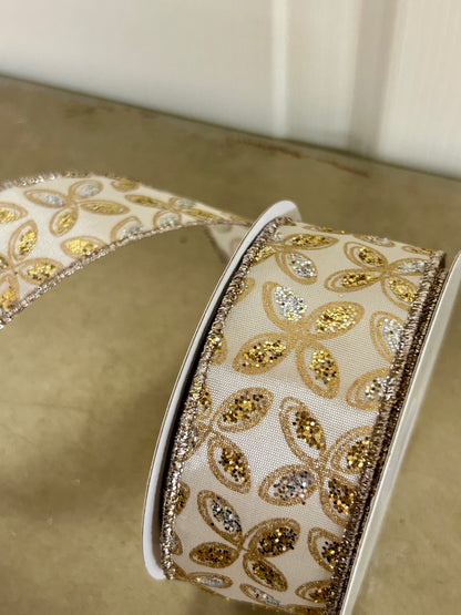 1.5 Inch By 10 Yard Silver And Gold Glitter Petals On Ivory Background Ribbon