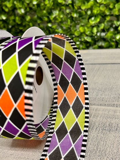 1.5 Inch By 10 Yards Orange Purple Green Black Harlequin Ribbon