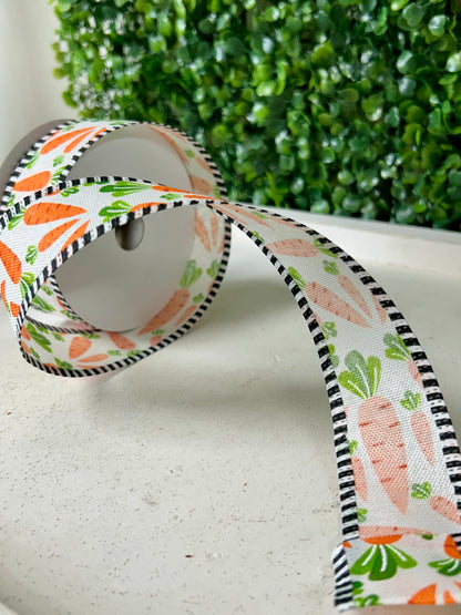 1.5 Inch By 10 Yard White Linen With Carrots And Black And White Check Edging Ribbon