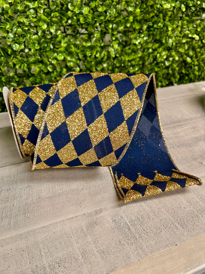 4 Inch By 10 Yard Navy Blue And Gold Harlequin Check Ribbon