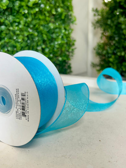 1.5 Inch By 25 Yard Turquoise Snow Organza Unwired Ribbon