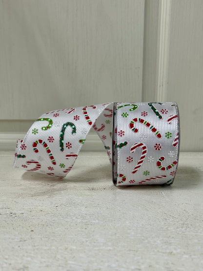 2.5 Inch By 10 Yard Multicolored Candy Canes With Multicolored Snowflakes On A White Textured Background Ribbon