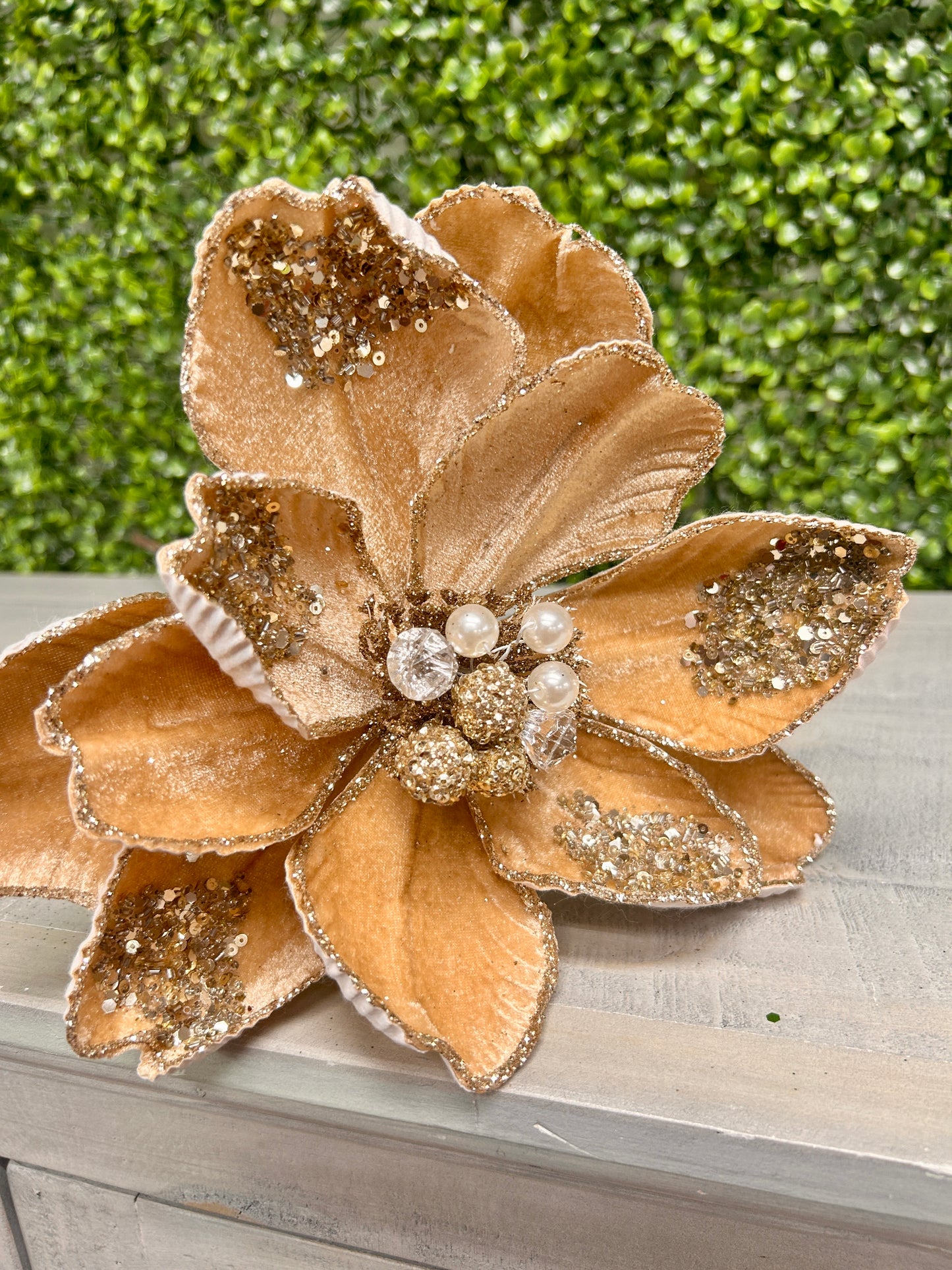 22 Inch Taupe Glitter Sequin And Bead Magnolia Spray