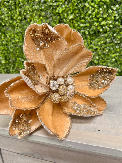 22 Inch Taupe Glitter Sequin And Bead Magnolia Spray