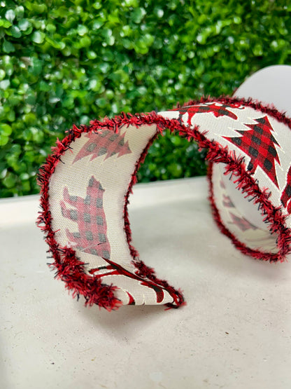 2.5 Inch By 10 Yard Plaid Moose Bear And Tree With Black And Red Drift Edge Ribbon