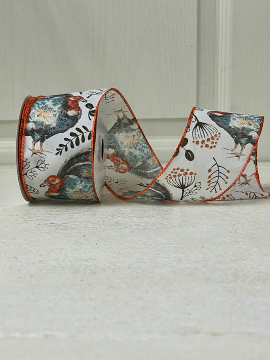 2.5 Inch By 10 Yard Blue And Orange Turkey With Orange Berry Sprays With A White Background And Orange Edging Ribbon