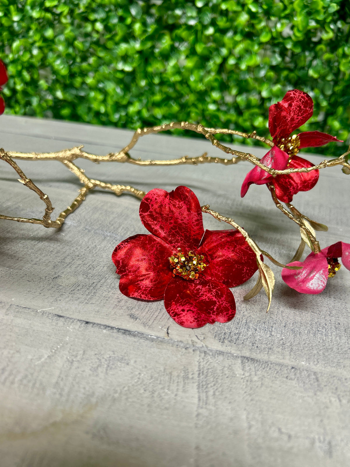 35 Inch Red Metallic Dogwood Spray