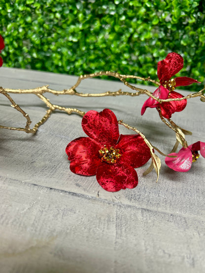 35 Inch Red Metallic Dogwood Spray