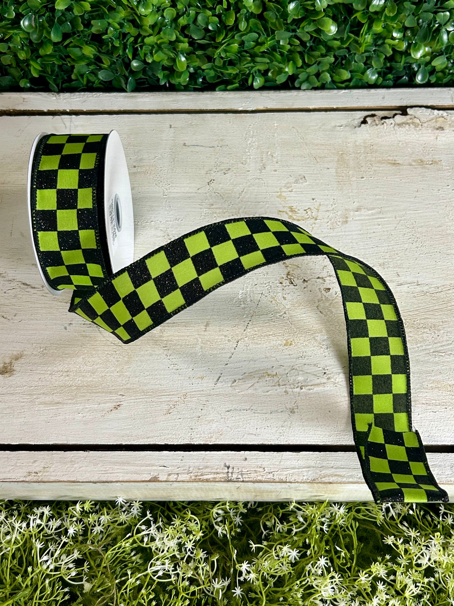 1.5 Inch By 10 Yard Lime Green And Black Glitter Check Ribbon