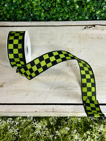 1.5 Inch By 10 Yard Lime Green And Black Glitter Check Ribbon