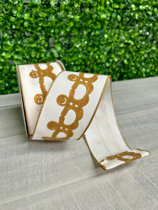 2.5 Inch By 10 Yard Ivory Linen With Gingerbread Cutouts Ribbon