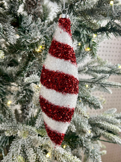 7.75-9 Inch Zigzag Red And White Glitter Ornaments Two Styles