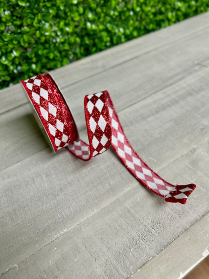 7/8 Inch By 10 Yard Red And White Glitter Harlequin Ribbon