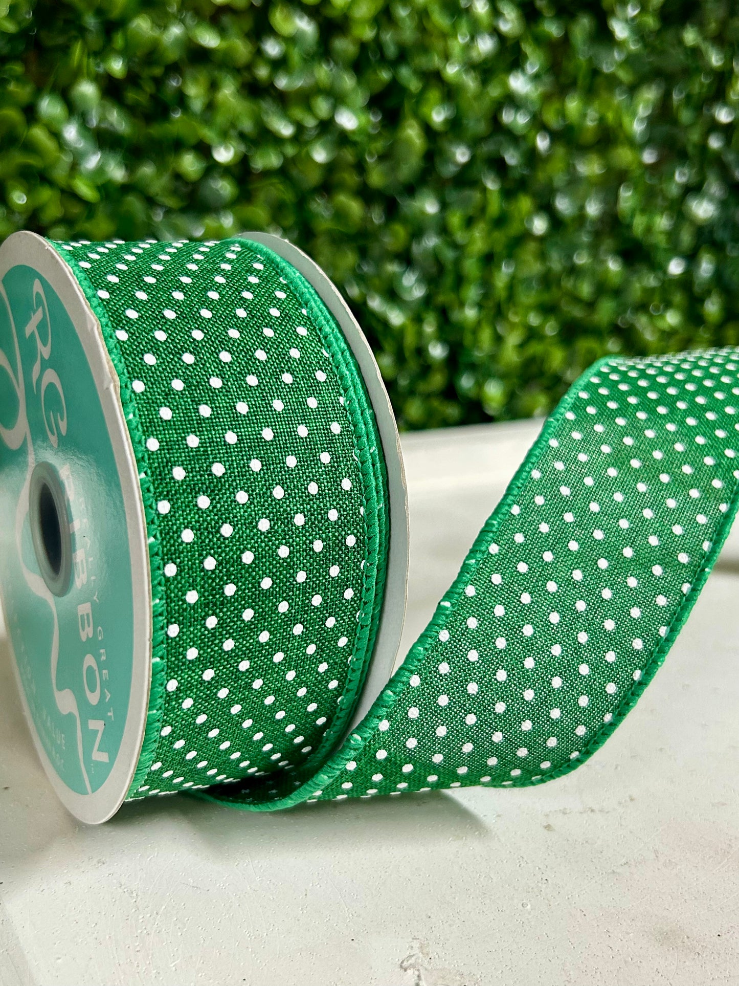 1.5 Inch By 10 Yard Emerald Green And White Raised Swiss Dots On Royal Ribbon