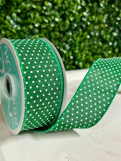 1.5 Inch By 10 Yard Emerald Green And White Raised Swiss Dots On Royal Ribbon