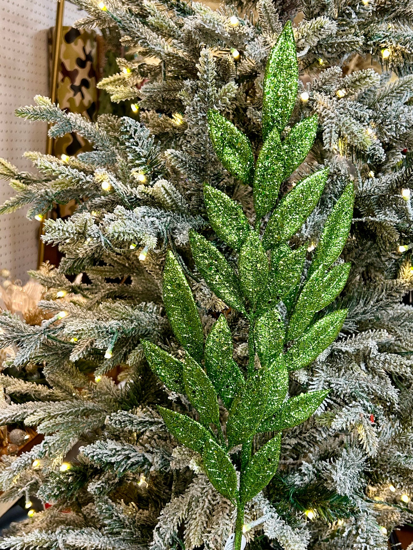 29 Inch Apple Green Glitter Bay Leaf Spray