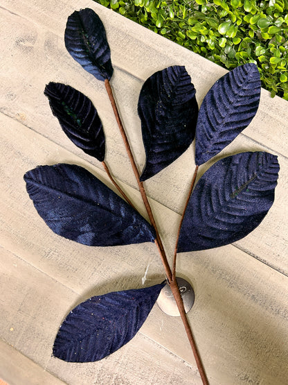 26 Inch Navy Velvet Sequin Magnolia Leaf Spray