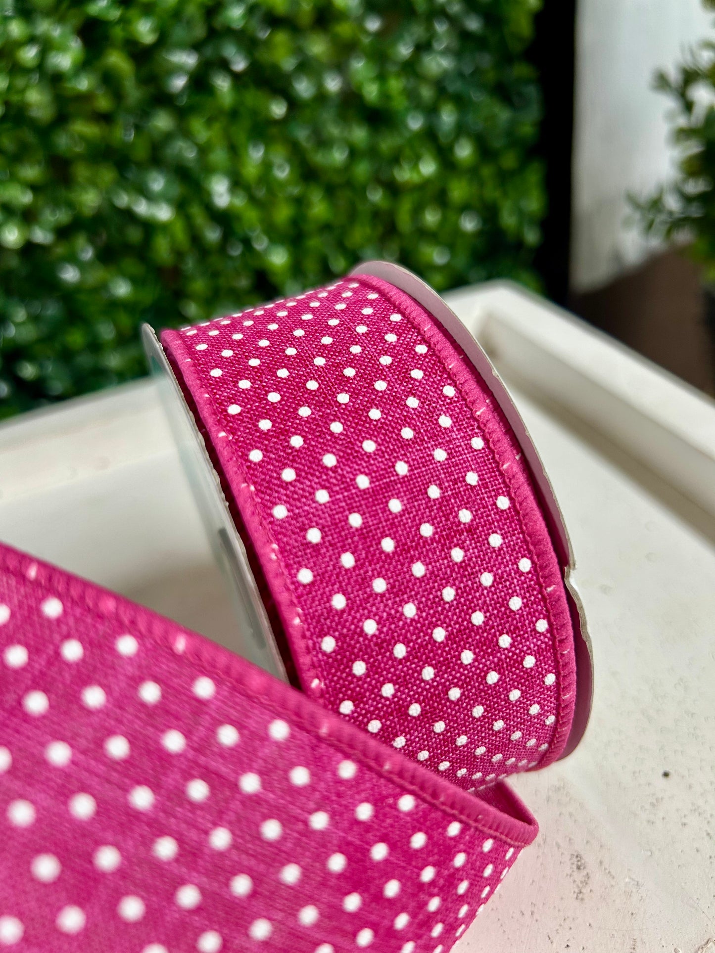 1.5 Inch By 10 Yard Fuchsia And White Raised Swiss Dots On Royal Ribbon