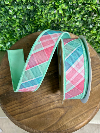 1.5 Inch By 10 Yard Light Teal Pink And Mint Bold Plaid Fused Ribbon