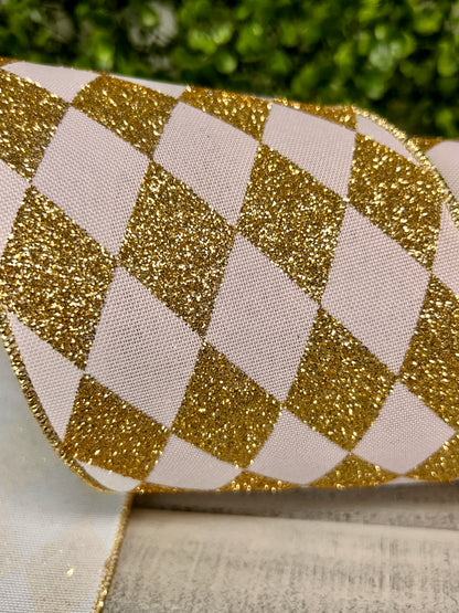 4 Inch By 10 Yard White And Gold Harlequin Check Ribbon