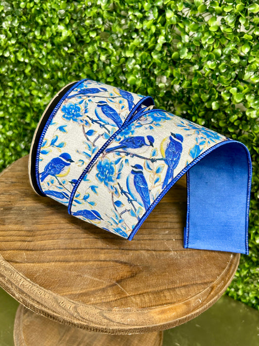 2.5 Inch By 10 Yard Blue Bird Perched Deluxe Dupioni Backed Wired Edge Ribbon