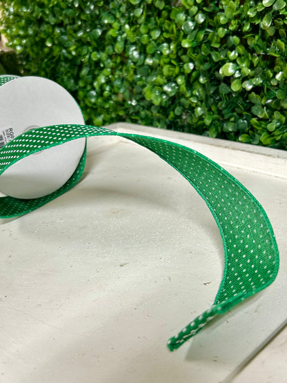 1.5 Inch By 10 Yard Emerald Green And White Raised Swiss Dots On Royal Ribbon