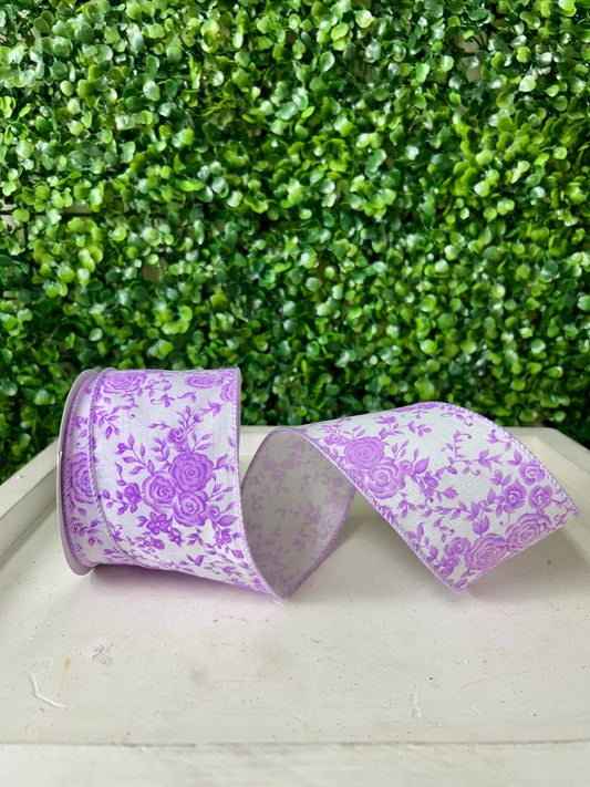 2.5 Inch By 10 Yard White Linen With Lavender Ombre Roses Ribbon