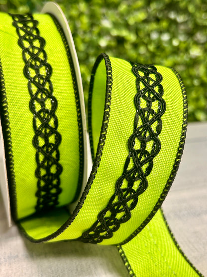 1.5 Inch By 10 Yard Lime Green And Black Lace On Faux Royal Ribbon