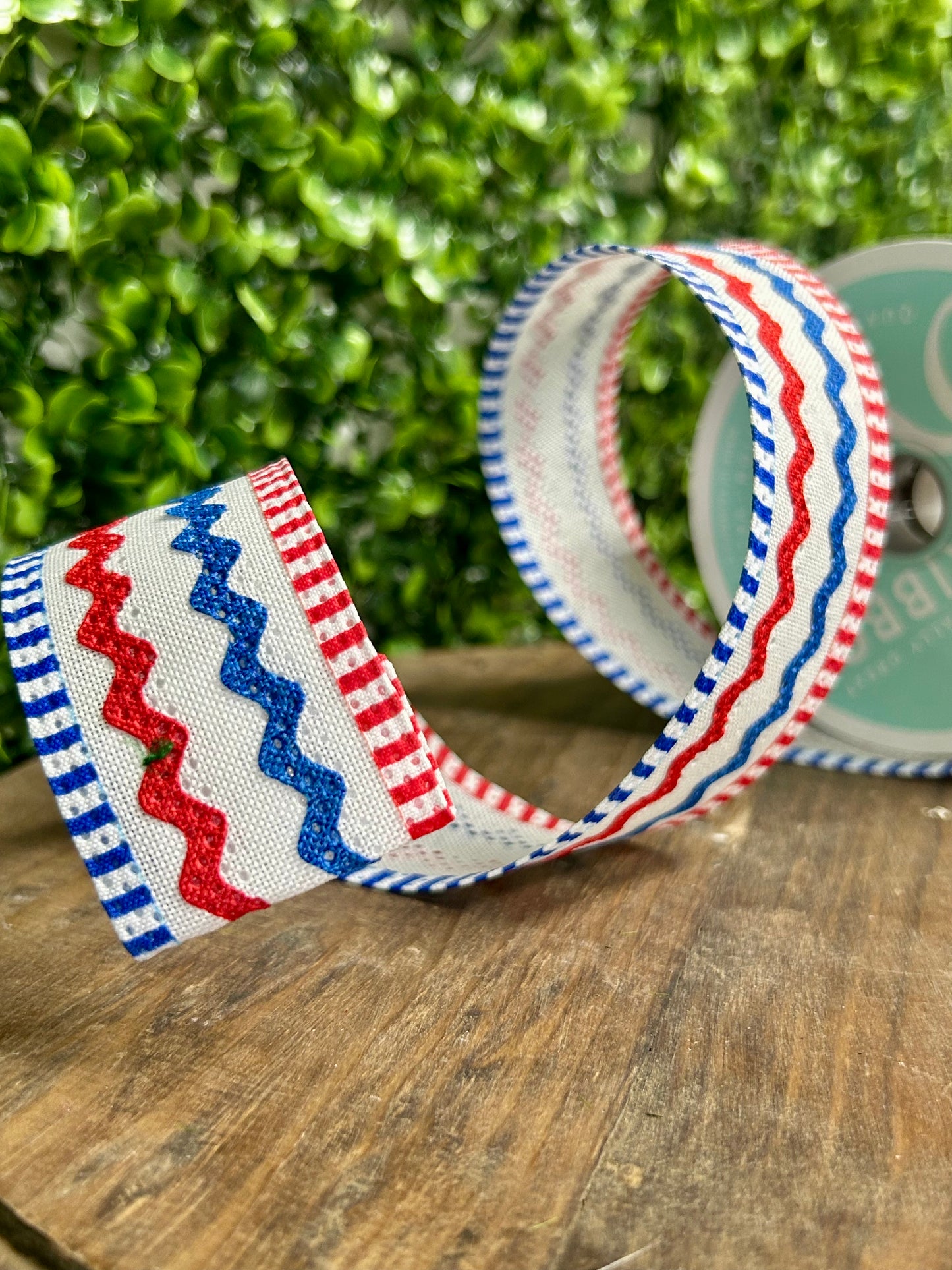 1.5 Inch By 10 Yard Red White And Blue Faux Burlap Ric Rac Stripe Ribbon