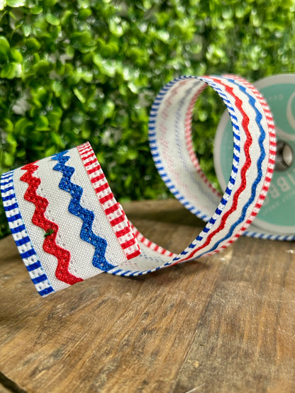 1.5 Inch By 10 Yard Red White And Blue Faux Burlap Ric Rac Stripe Ribbon