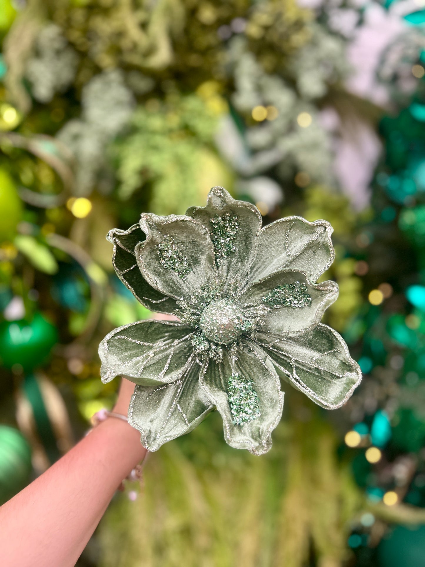 17 Inch Sage Green Velvet Magnolia Stem