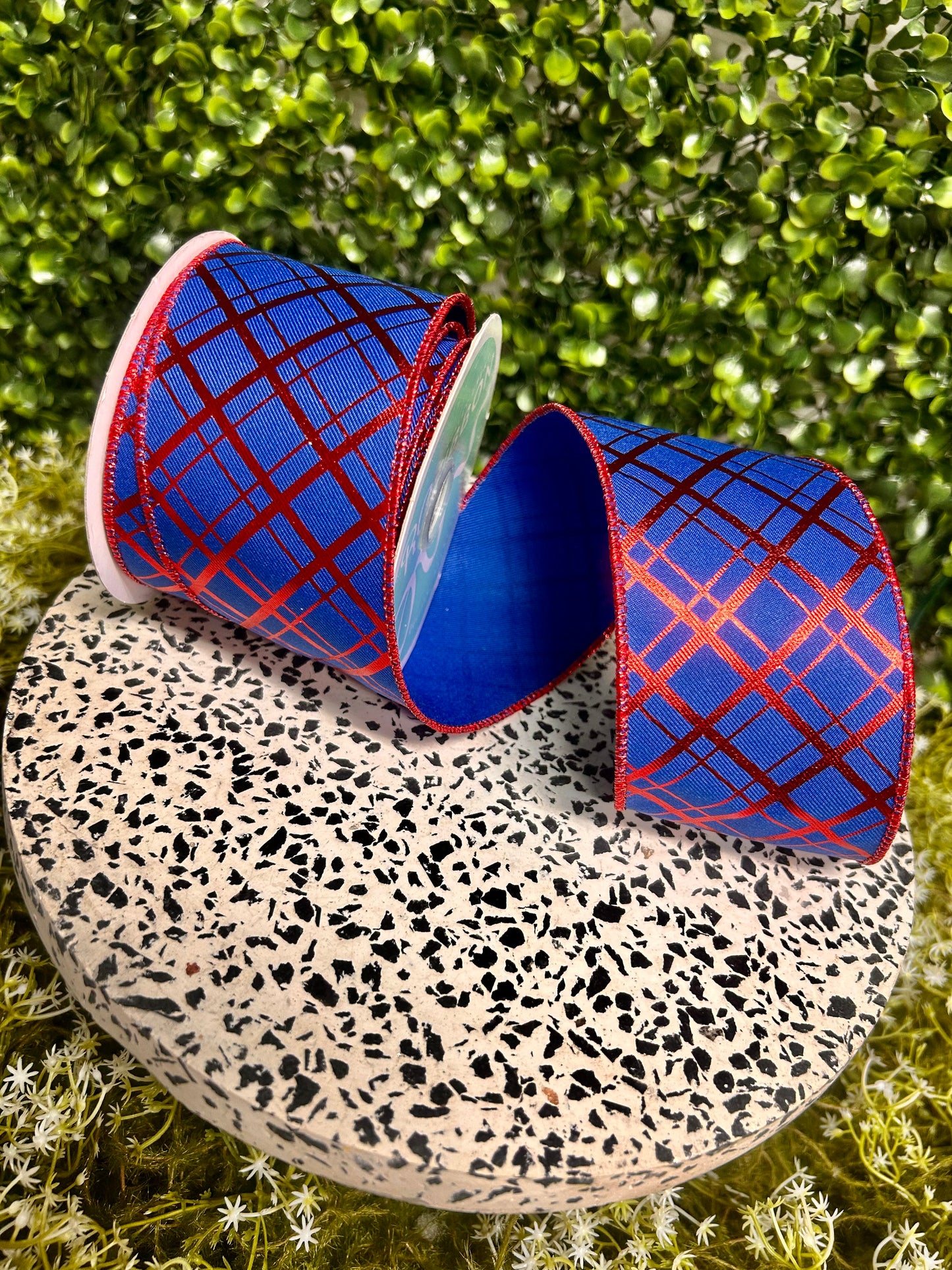 2.5 Inch By 10 Yard Red And Royal Blue Metallic Thick And Thin Diagonal Plaid Ribbon