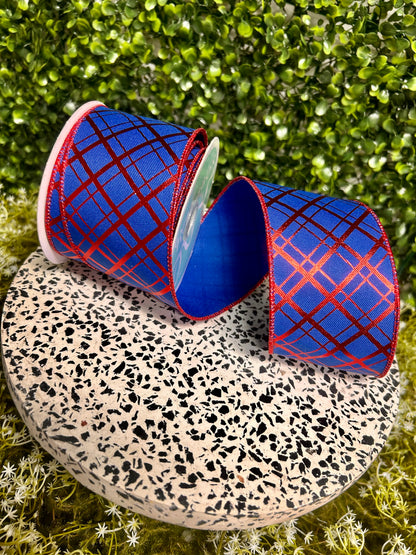 2.5 Inch By 10 Yard Red And Royal Blue Metallic Thick And Thin Diagonal Plaid Ribbon