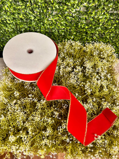 2.5 Inch By 50 Yard Red With Gold Indoor Velvet Ribbon