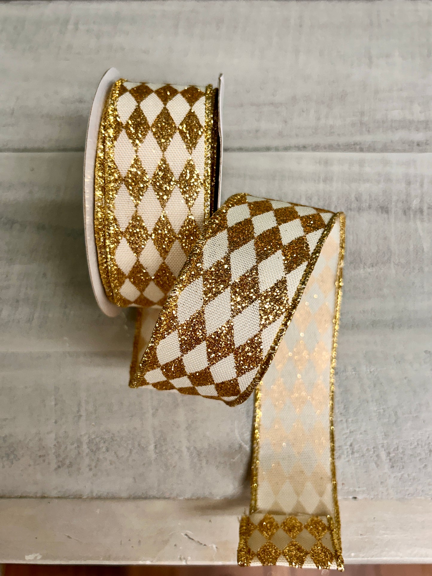 1.5 Inch By 10 Yard Cream And Gold Glitter Harlequin Ribbon