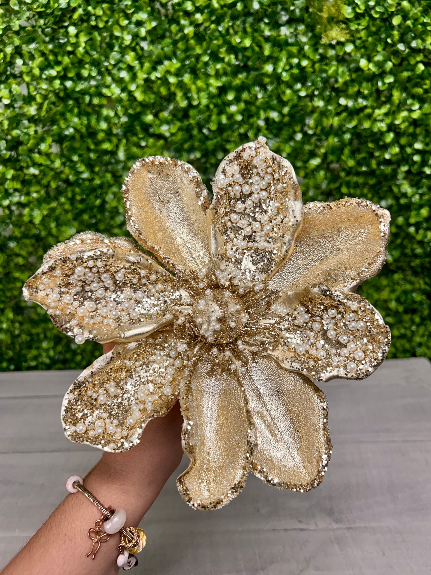 17 Inch Pearl Beaded Gold Magnolia Stem