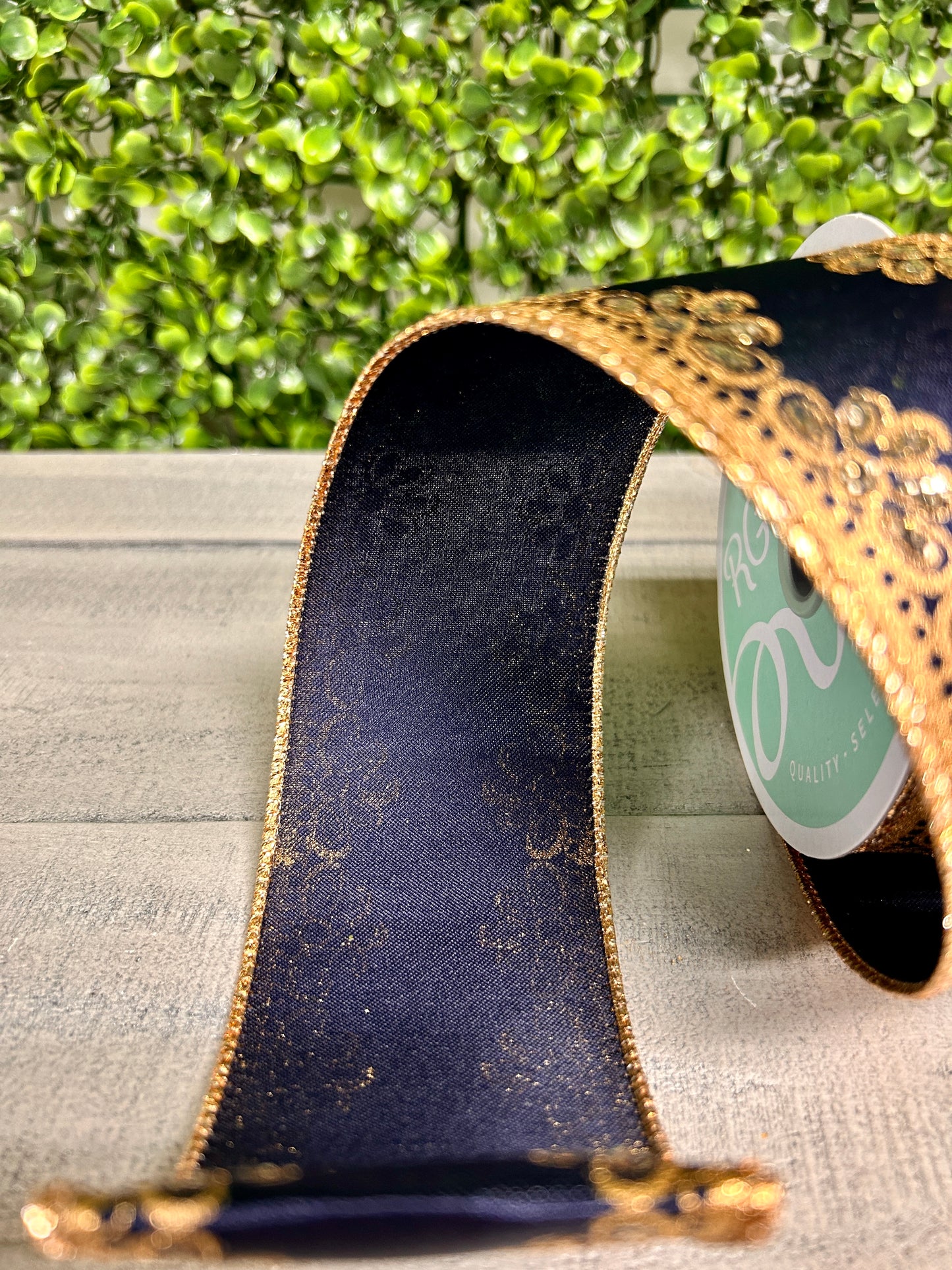 2.5 Inch By 10 Yard Navy Gold And Champagne Lux Scallop Trim Ribbon