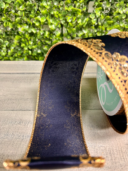 2.5 Inch By 10 Yard Navy Gold And Champagne Lux Scallop Trim Ribbon