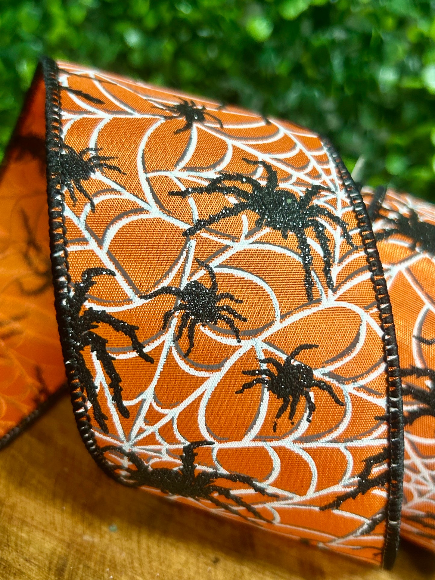 2.5 Inch By 10 Yard Black Glitter Spiders And Webs Halloween Ribbon
