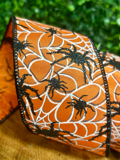 2.5 Inch By 10 Yard Black Glitter Spiders And Webs Halloween Ribbon