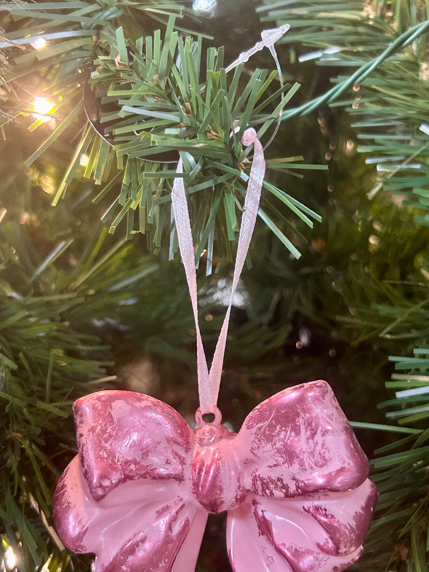 4.25 Inch Pink Plastic Hanging Bow Ornament