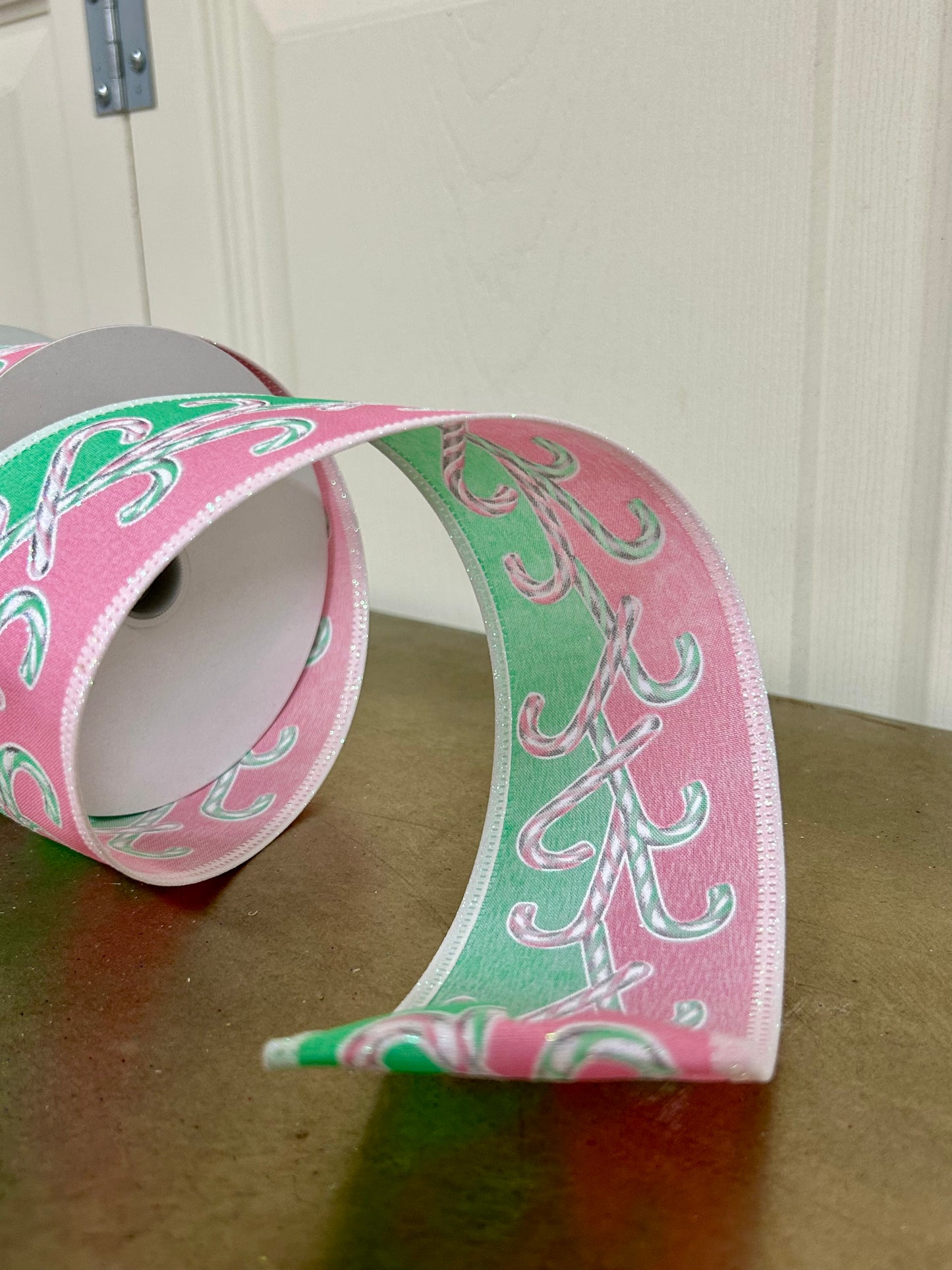 2.5 Inch By 10 Yard Mint Pink White Iridescent Glitter Candy Cane Ribbon